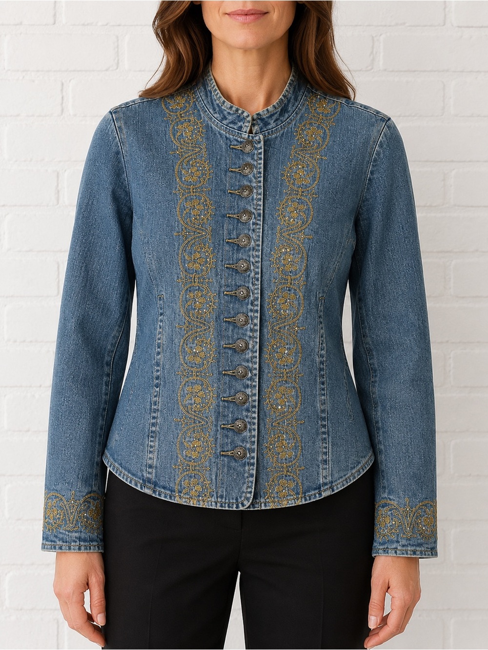 Willi Smith Embroidered Denim Military Band Jacket Gold Scrolls S